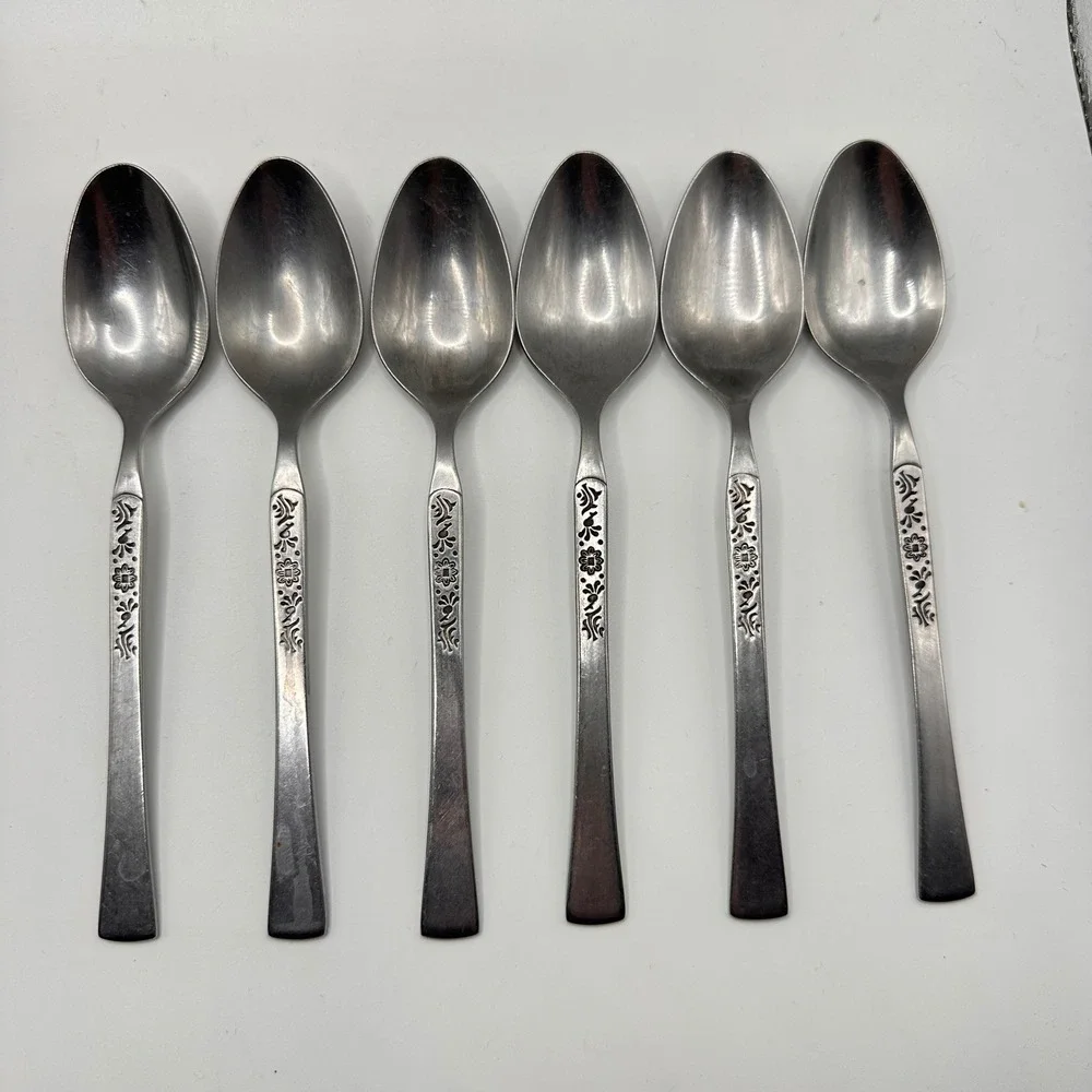EKCO Eterna Cantina Stainless Steel Teaspoons Set of 6 Floral Korea Vintage